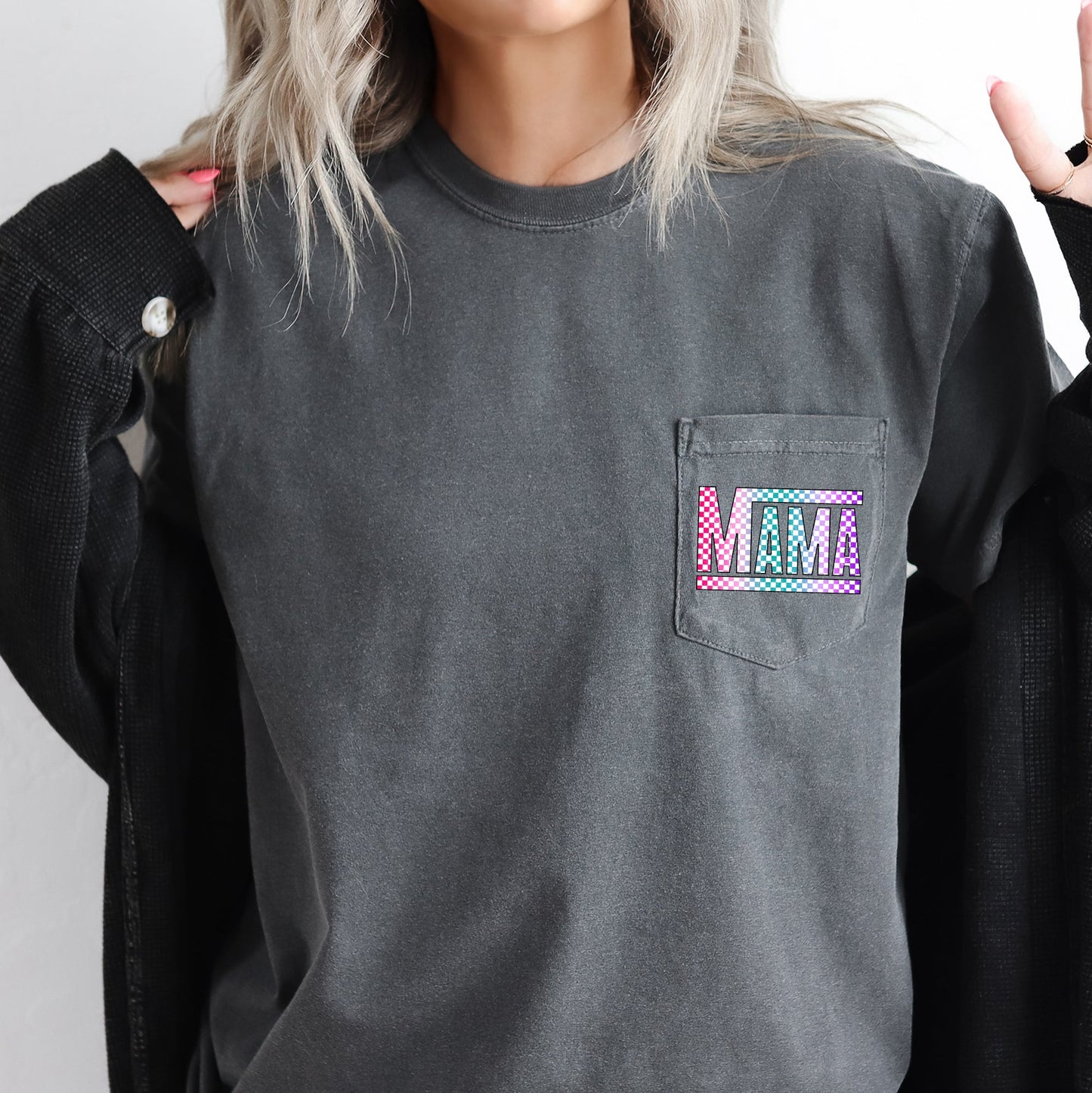 Checkered Mama, Colorful, Retro, Pocket Tee Comfort Colors T-Shirt