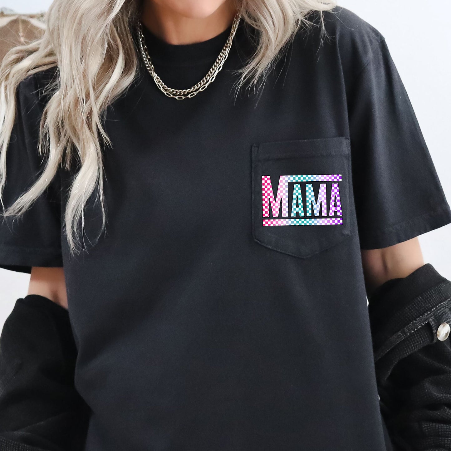 Checkered Mama, Colorful, Retro, Pocket Tee Comfort Colors T-Shirt