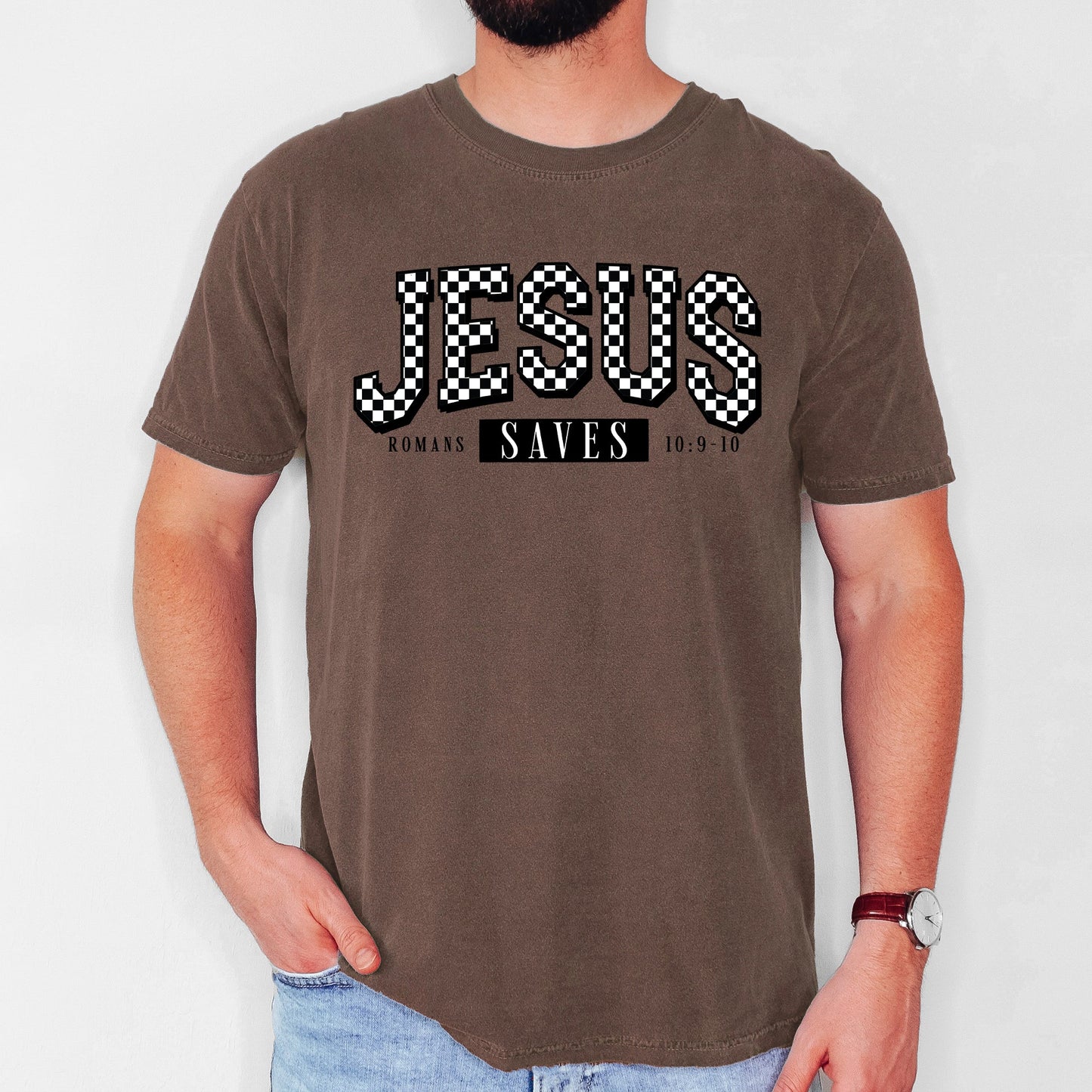 Checkered, Jesus Saves, Christian, Jesus, Gospel, Faith, Saved Tshirt Comfort Colors T-Shirt