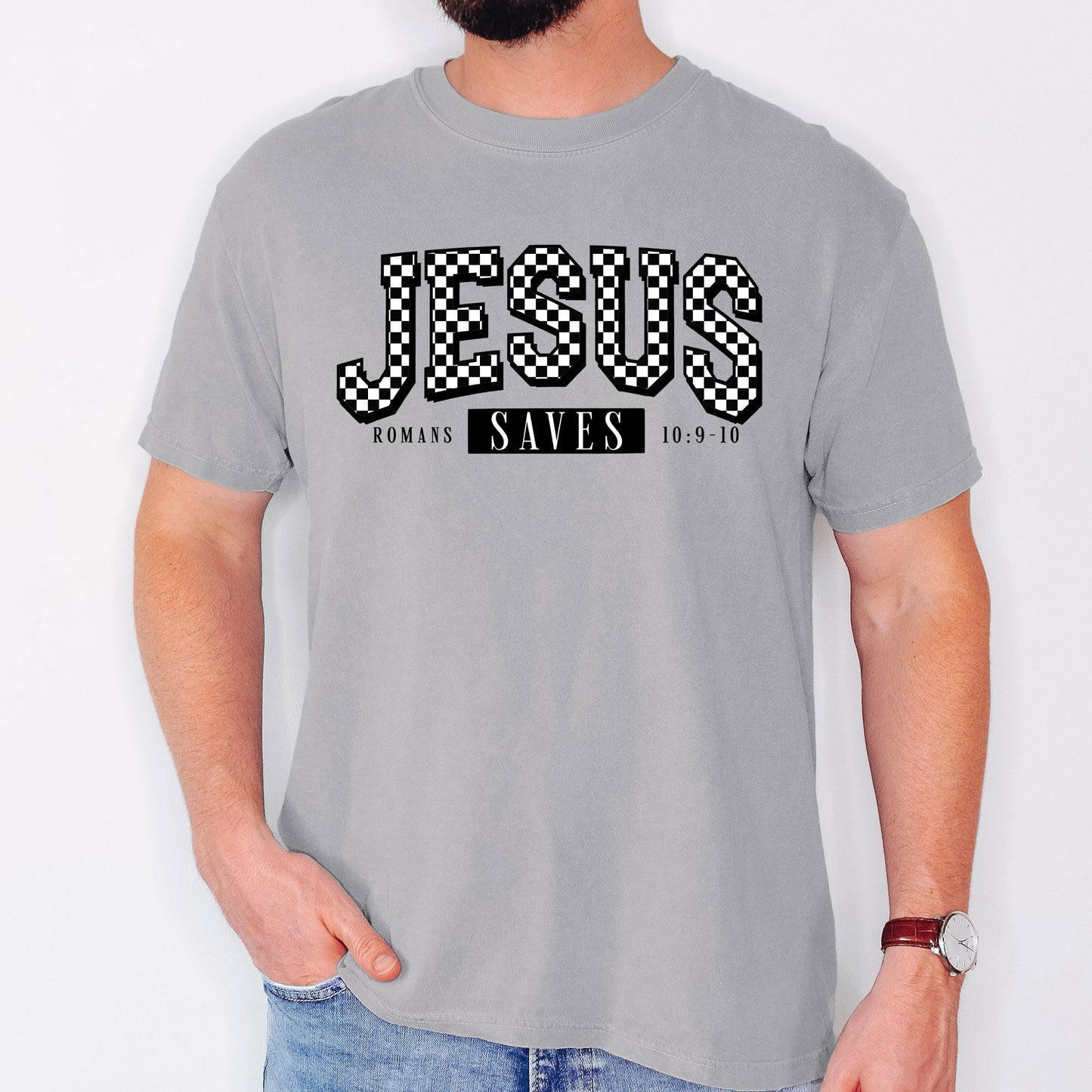 Checkered, Jesus Saves, Christian, Jesus, Gospel, Faith, Saved Tshirt Comfort Colors T-Shirt