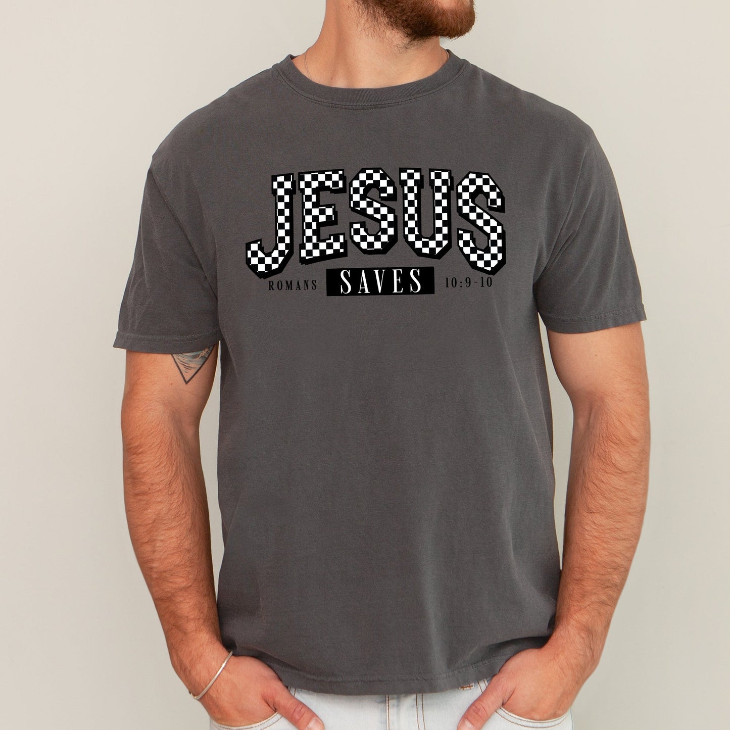 Checkered, Jesus Saves, Christian, Jesus, Gospel, Faith, Saved Tshirt Comfort Colors T-Shirt