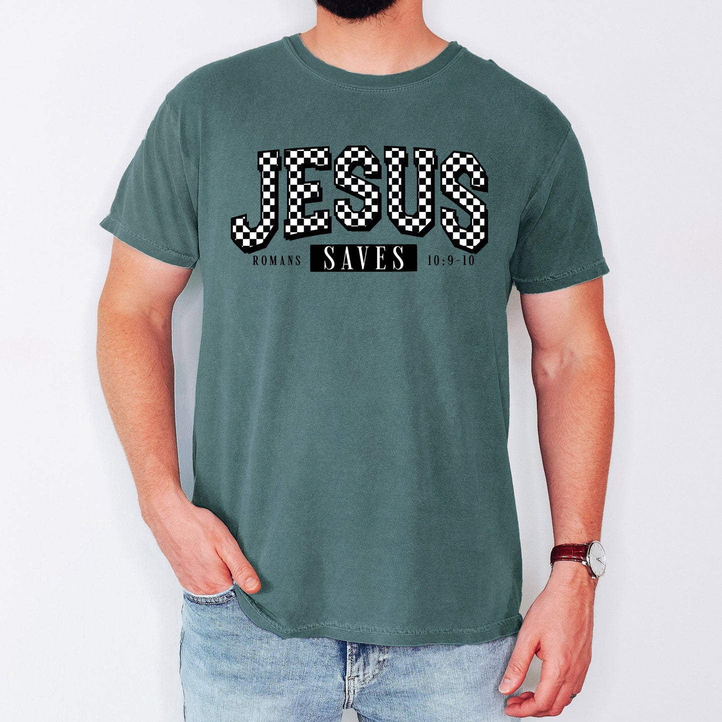 Checkered, Jesus Saves, Christian, Jesus, Gospel, Faith, Saved Tshirt Comfort Colors T-Shirt