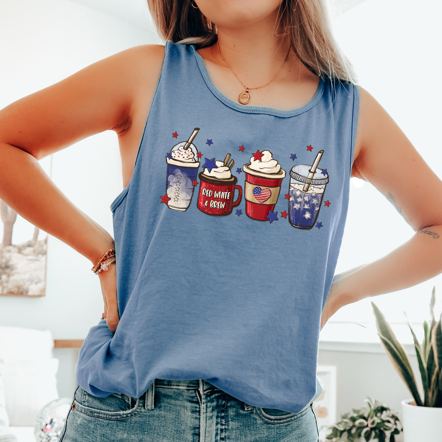 Coffee Drinks, Fourth of July, America, Patriotic, USA Comfort Colors Tank Top