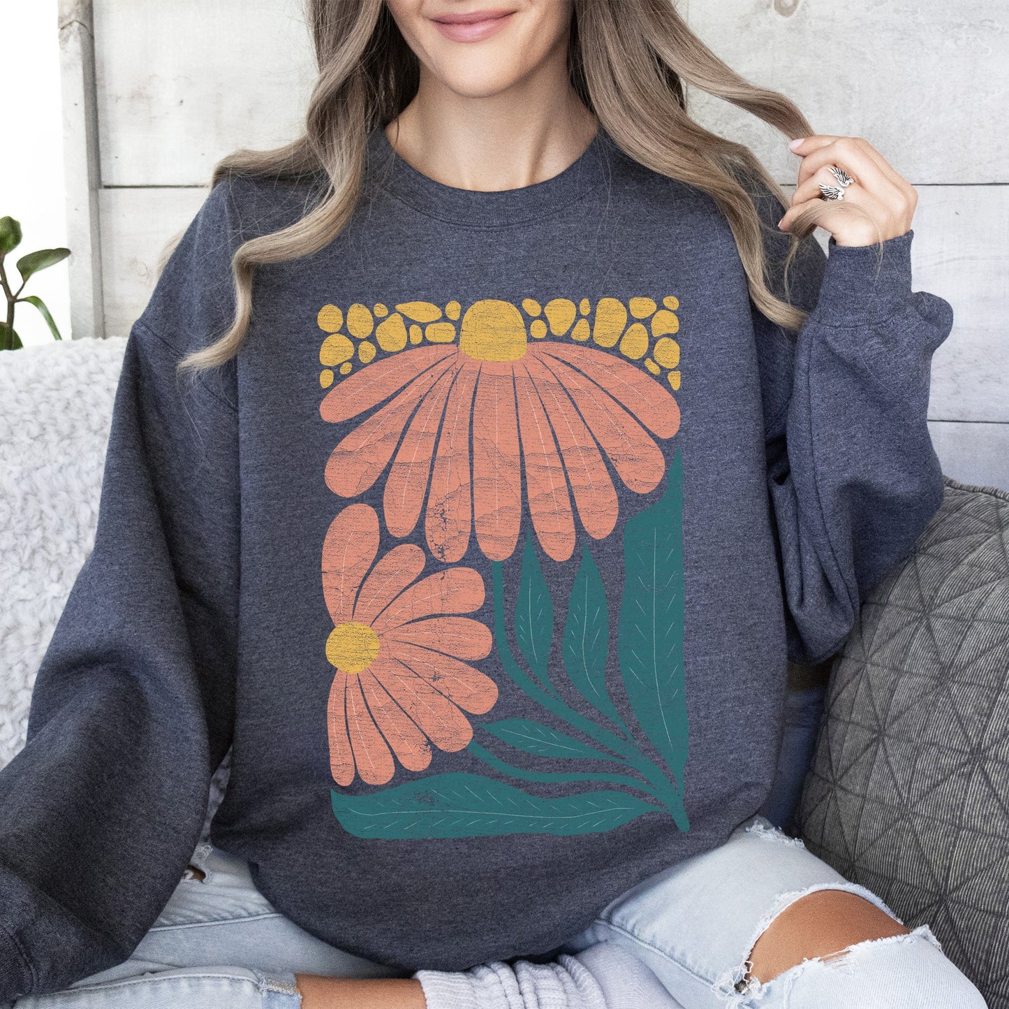 Colorful Daisies, Art Nouveau, Floral Design Sweatshirt