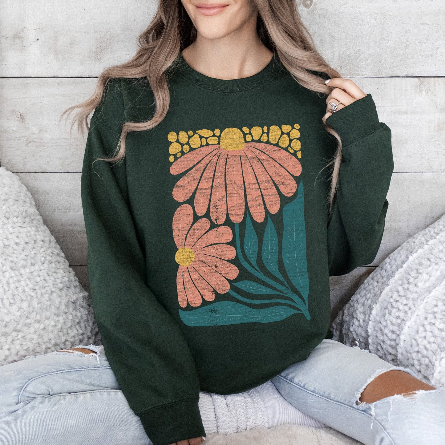 Colorful Daisies, Art Nouveau, Floral Design Sweatshirt