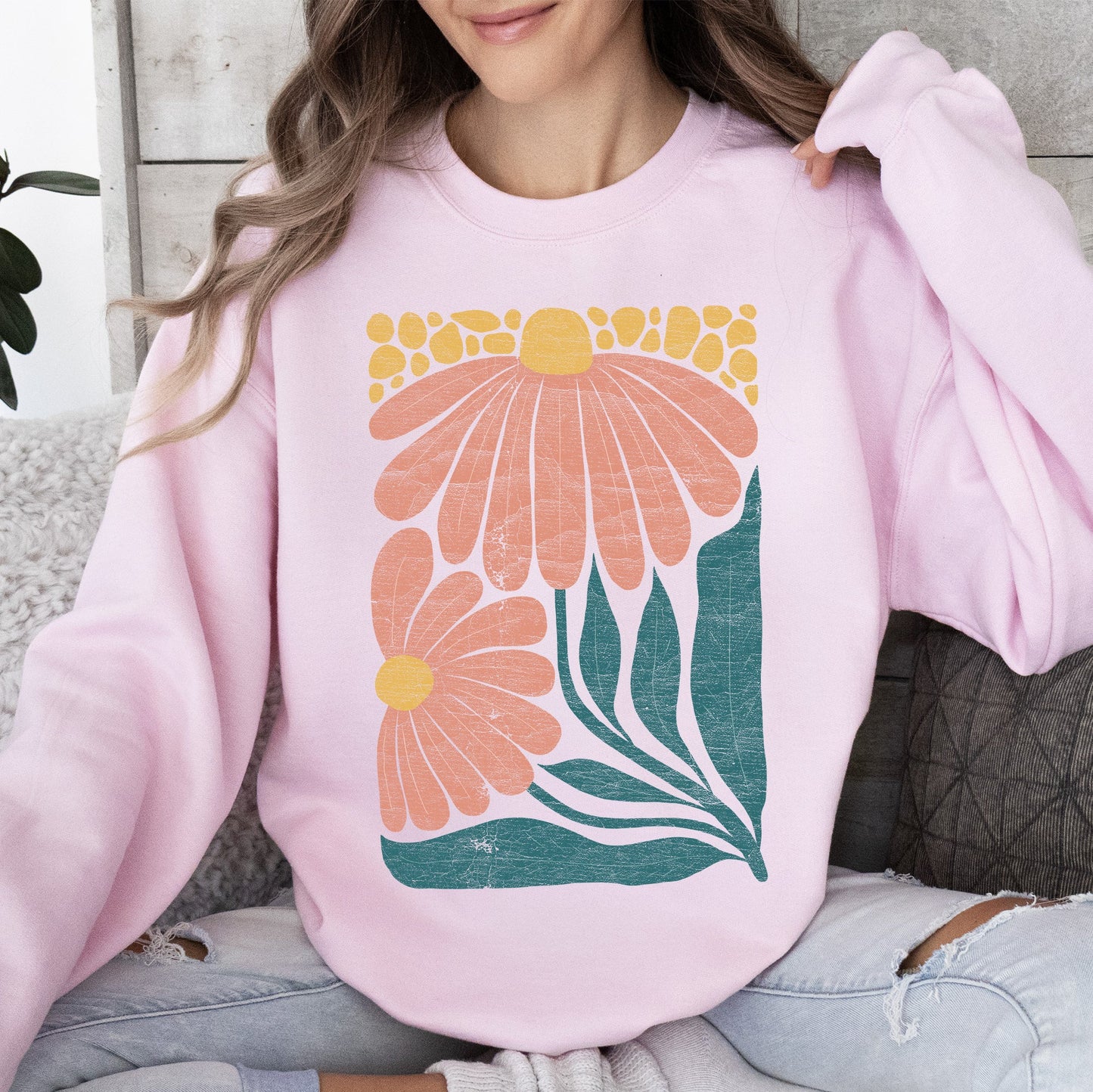 Colorful Daisies, Art Nouveau, Floral Design Sweatshirt