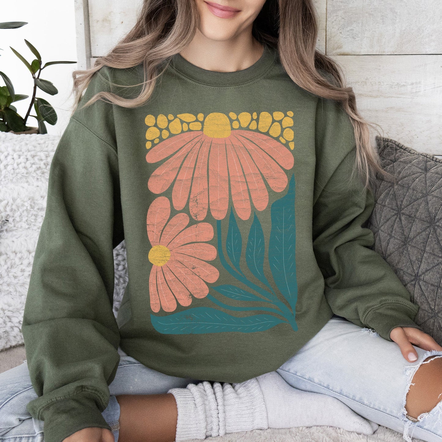 Colorful Daisies, Art Nouveau, Floral Design Sweatshirt