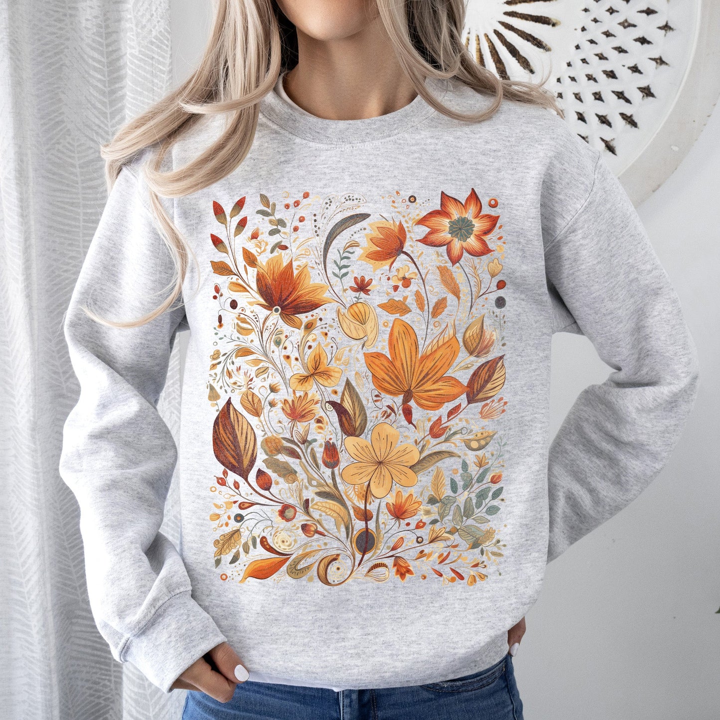 Dried Pressed Leaves And Floral Design, Flowers, Nature, Sweatshirt