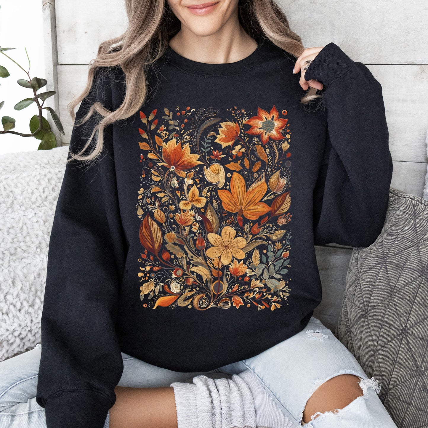 Dried Pressed Leaves And Floral Design, Flowers, Nature, Sweatshirt