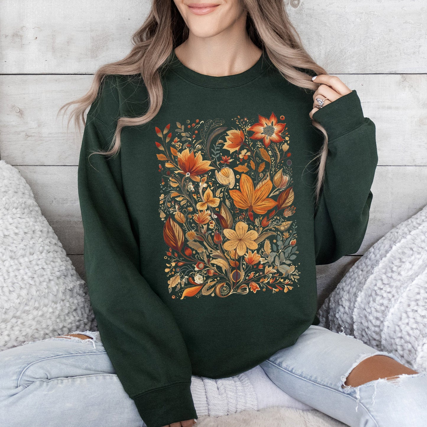 Dried Pressed Leaves And Floral Design, Flowers, Nature, Sweatshirt