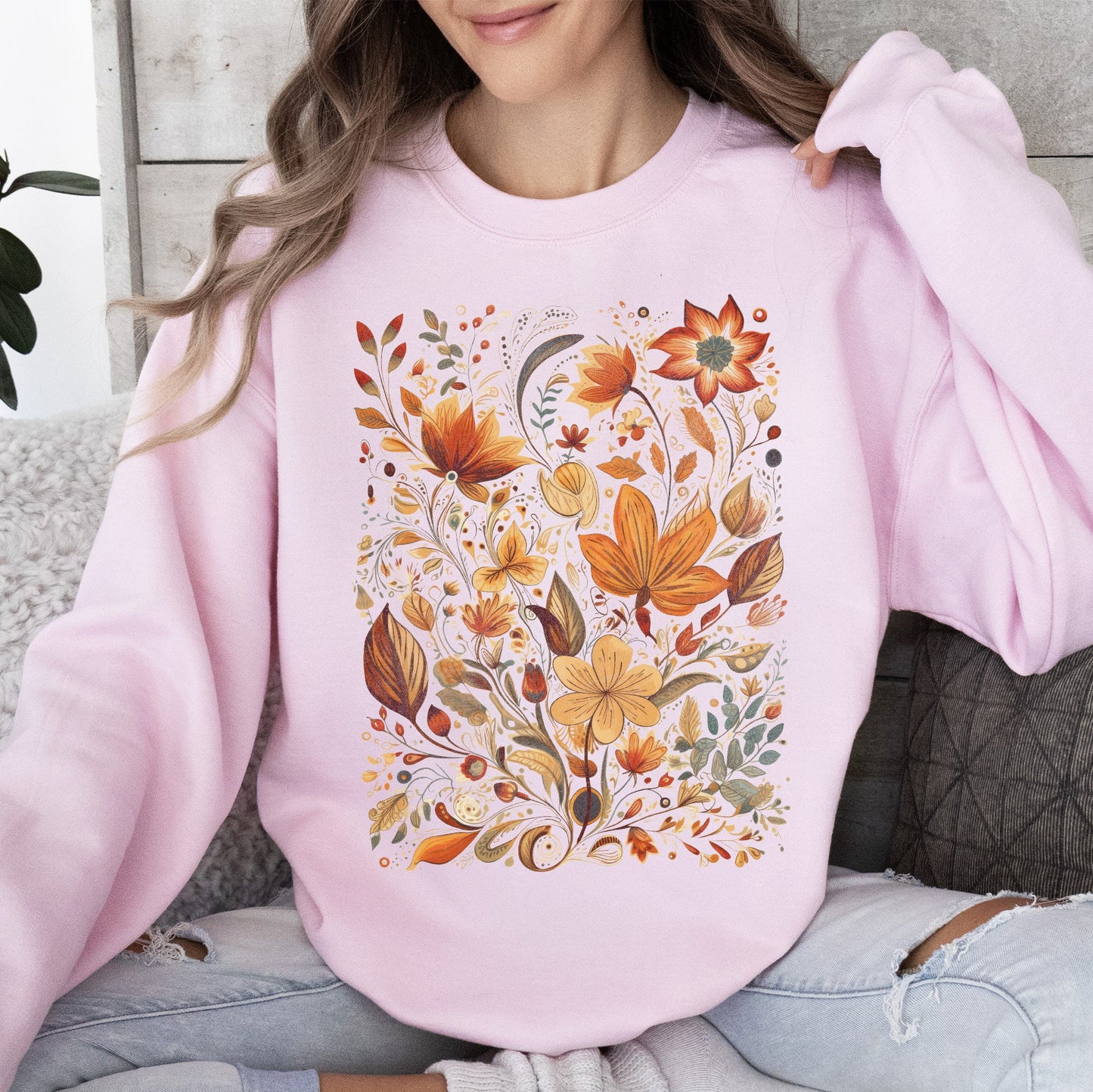 Dried Pressed Leaves And Floral Design, Flowers, Nature, Sweatshirt