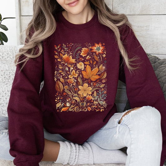 Dried Pressed Leaves And Floral Design, Flowers, Nature, Sweatshirt