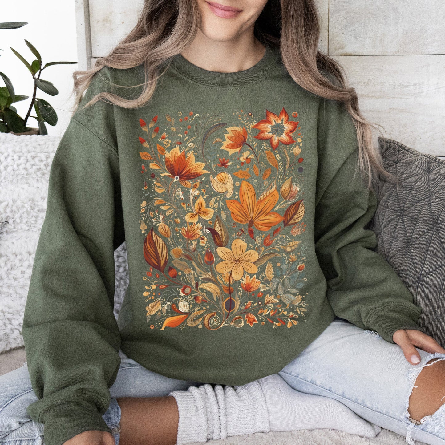 Dried Pressed Leaves And Floral Design, Flowers, Nature, Sweatshirt