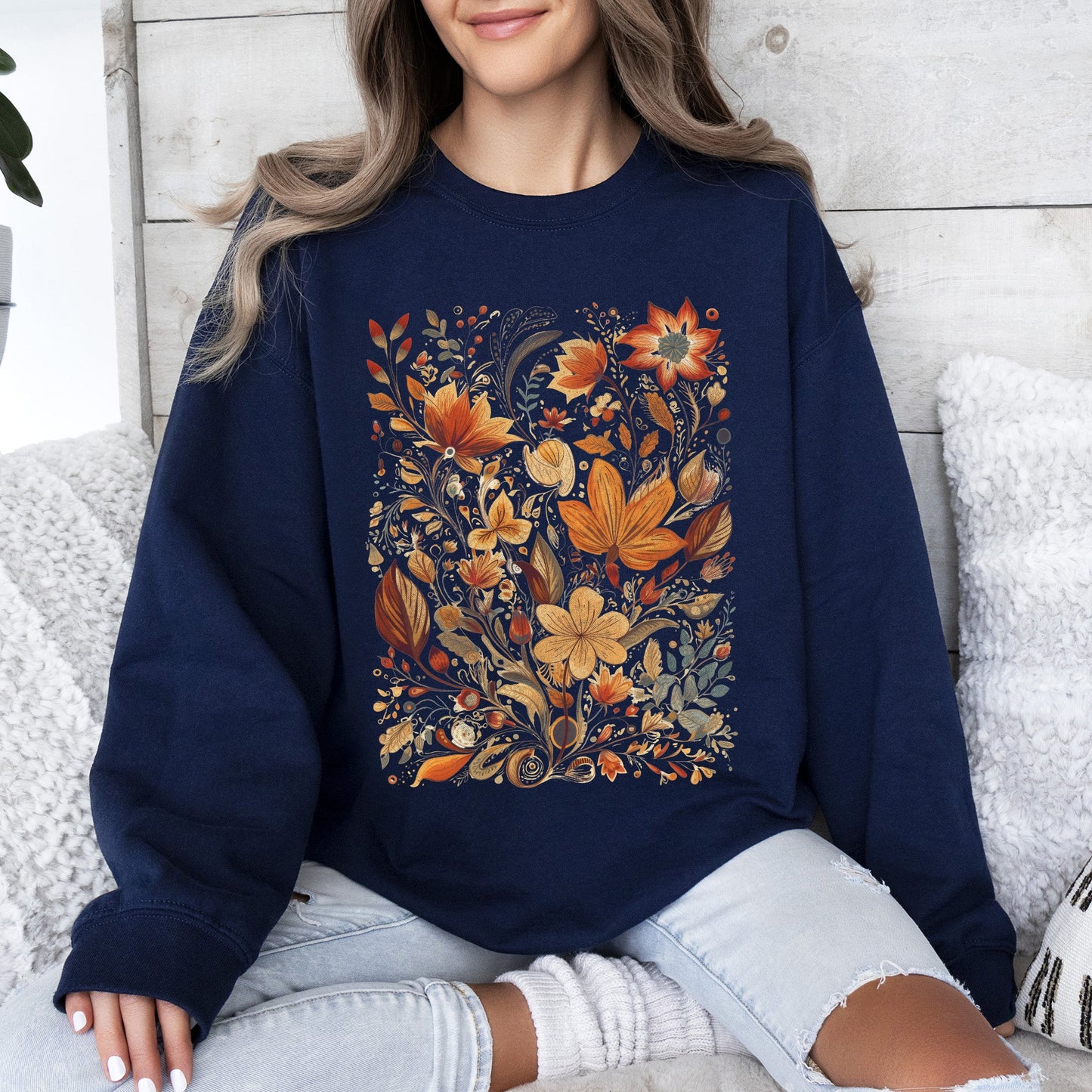 Dried Pressed Leaves And Floral Design, Flowers, Nature, Sweatshirt