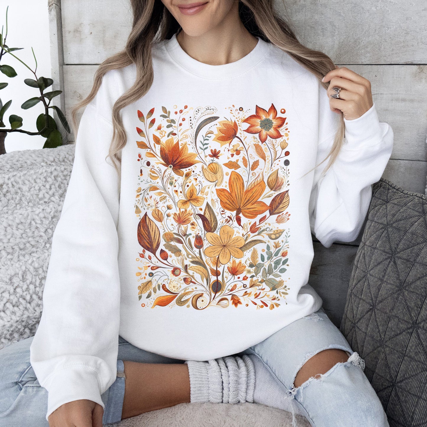 Dried Pressed Leaves And Floral Design, Flowers, Nature, Sweatshirt