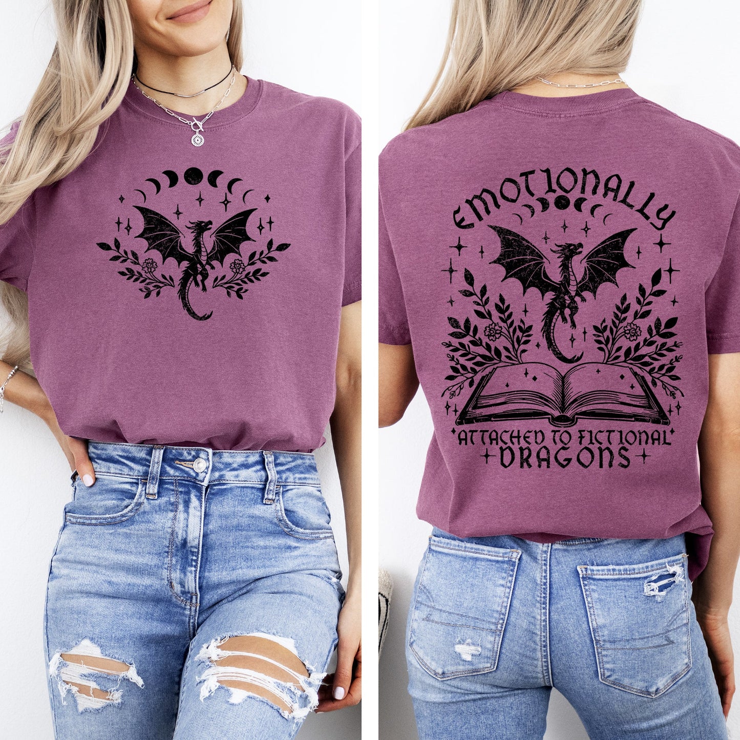 Emotionally Attached To Fictional Dragons, Romantasy, Booktok, Reading, Library, Books, Front and Back, Comfort Colors T-Shirt