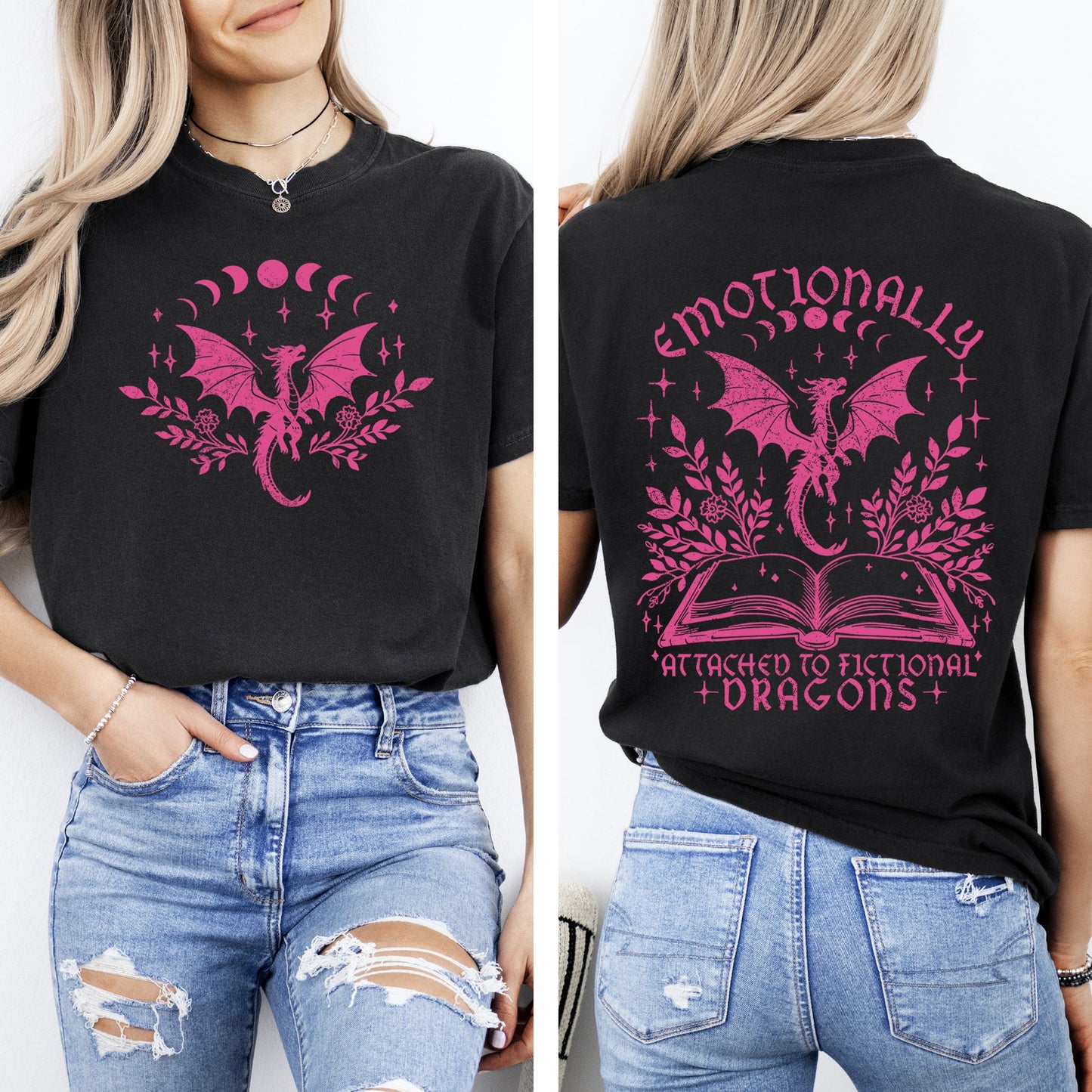 Emotionally Attached To Fictional Dragons, Romantasy, Booktok, Reading, Library, Books, Front and Back, Comfort Colors T-Shirt