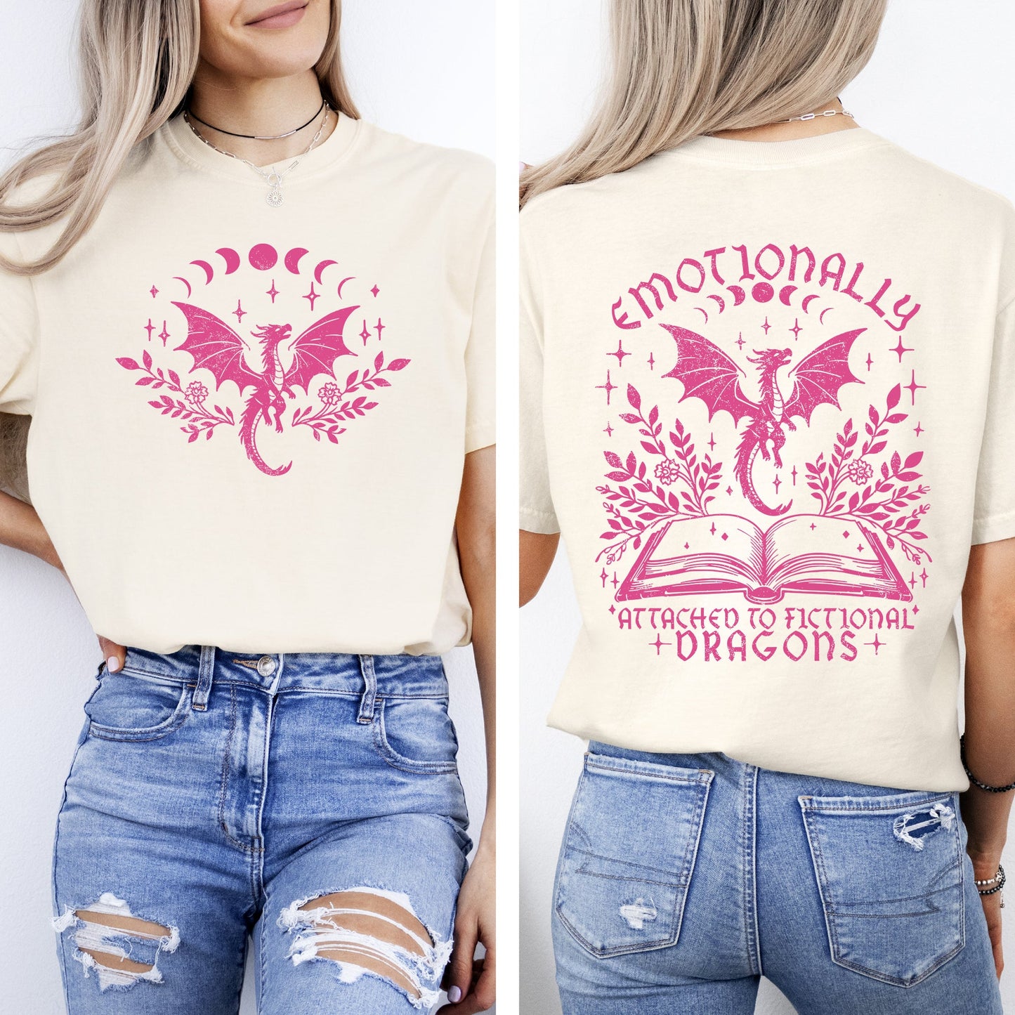 Emotionally Attached To Fictional Dragons, Romantasy, Booktok, Reading, Library, Books, Front and Back, Comfort Colors T-Shirt