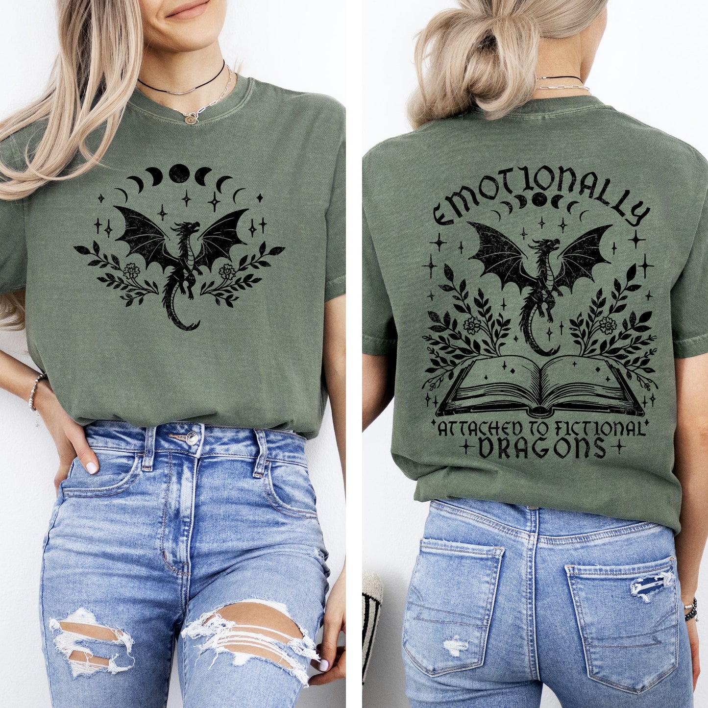 Emotionally Attached To Fictional Dragons, Romantasy, Booktok, Reading, Library, Books, Front and Back, Comfort Colors T-Shirt