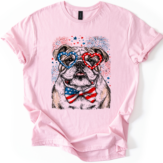 English Bulldog Patriotic Dog, USA, America, Pet Lover, 4th of July, Soft Style T-Shirt