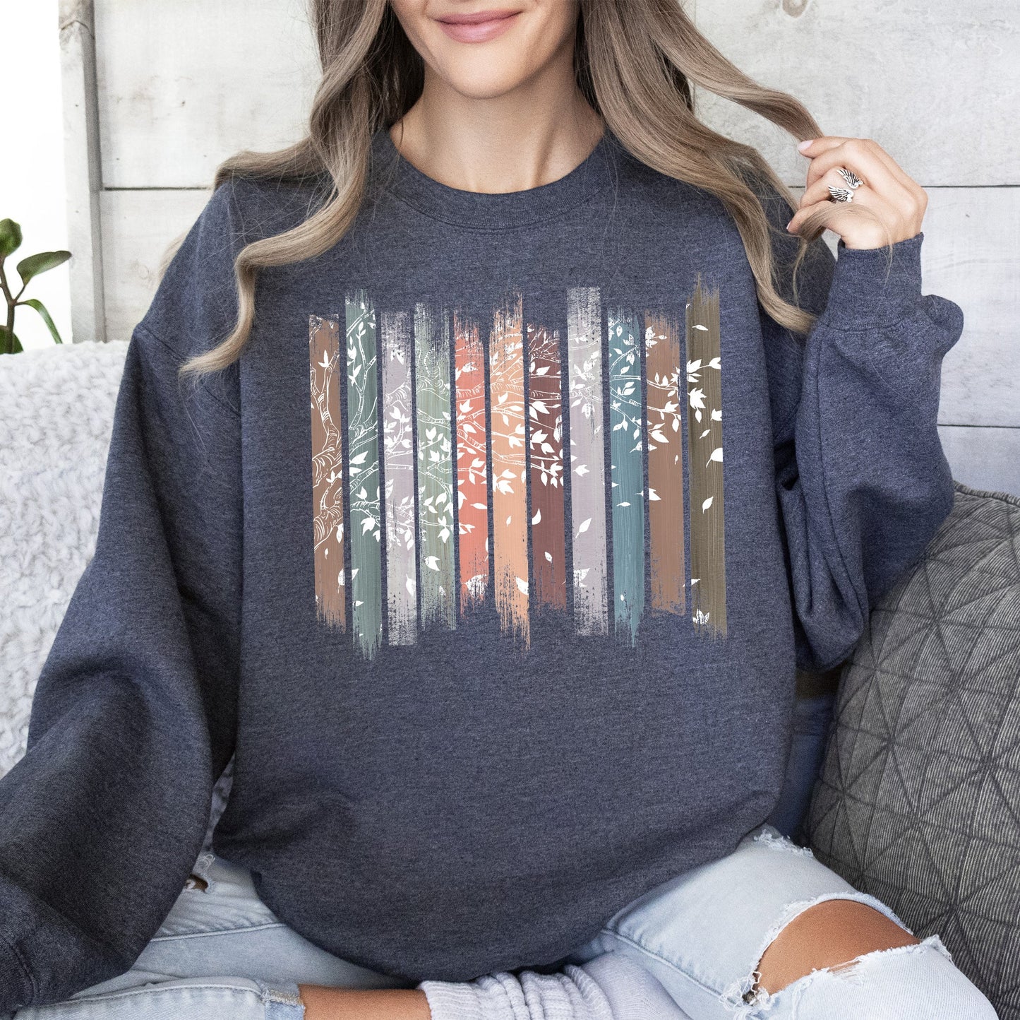 Falling Leaves, Botanical Stripes Sweatshirt