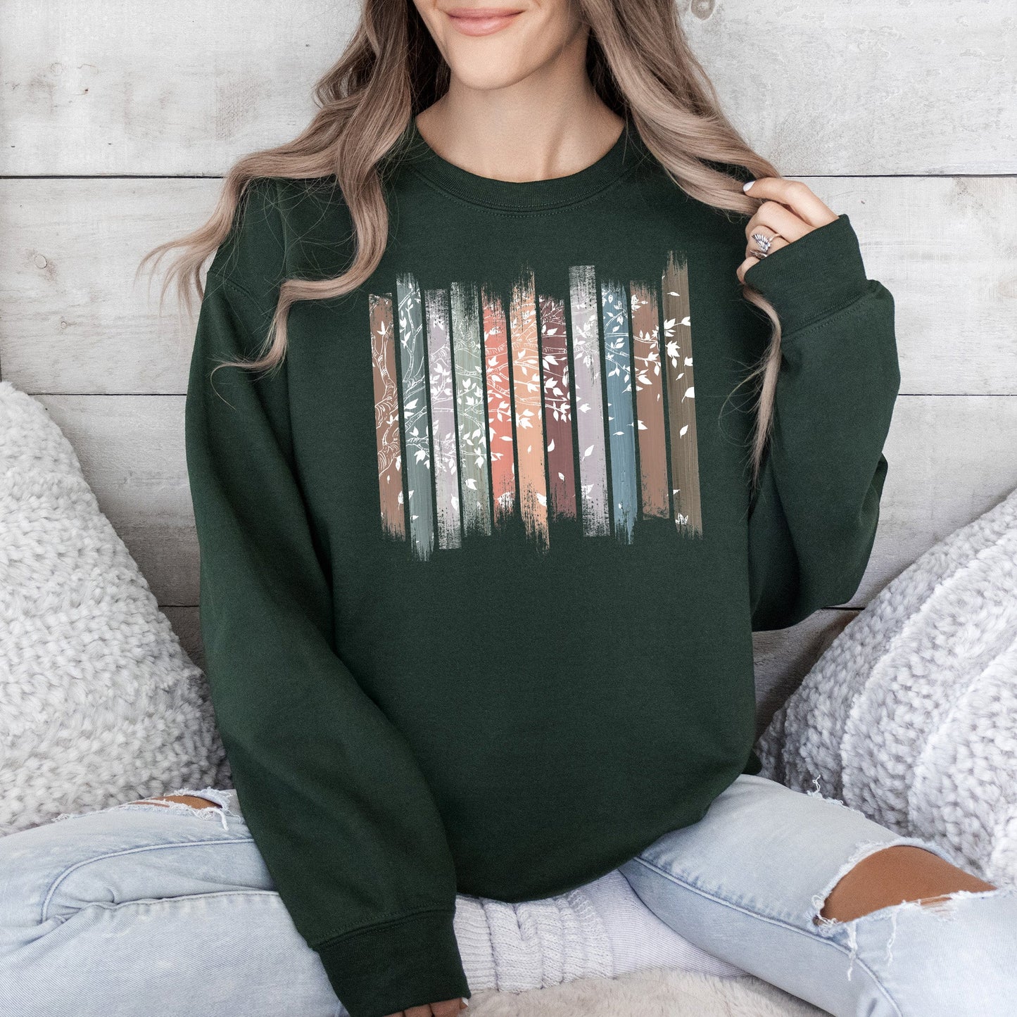 Falling Leaves, Botanical Stripes Sweatshirt