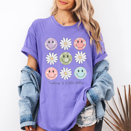 Feeling A Little Salty, Flowers, Retro Smiley, Comfort Colors T-Shirt