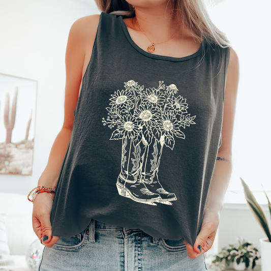 Floral Cowboy Boots, Western, Country Comfort Colors Tank Top