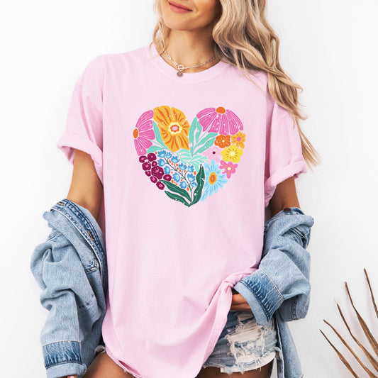 Floral Heart, Folk Art, Retro, Flowers, Comfort Colors T-Shirt