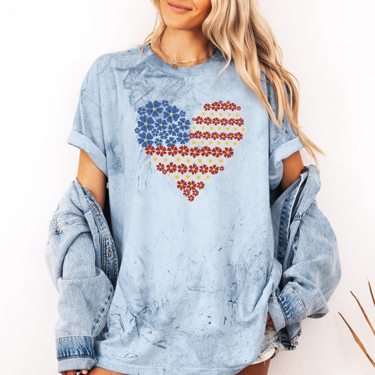 Floral Heart, Patriotic, Red White Blue, USA, America, 4th of July, Color Blast Tshirt Comfort Colors T-Shirt
