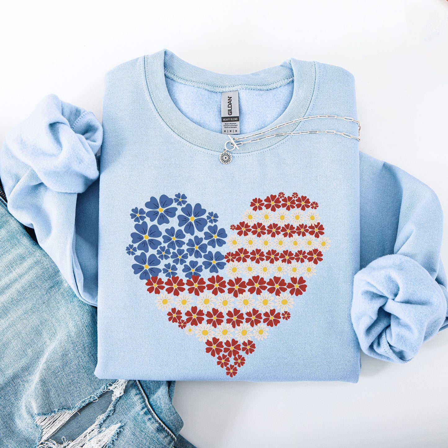 Floral Heart, Patriotic, Red White Blue, USA, America, 4th of July Sweatshirt