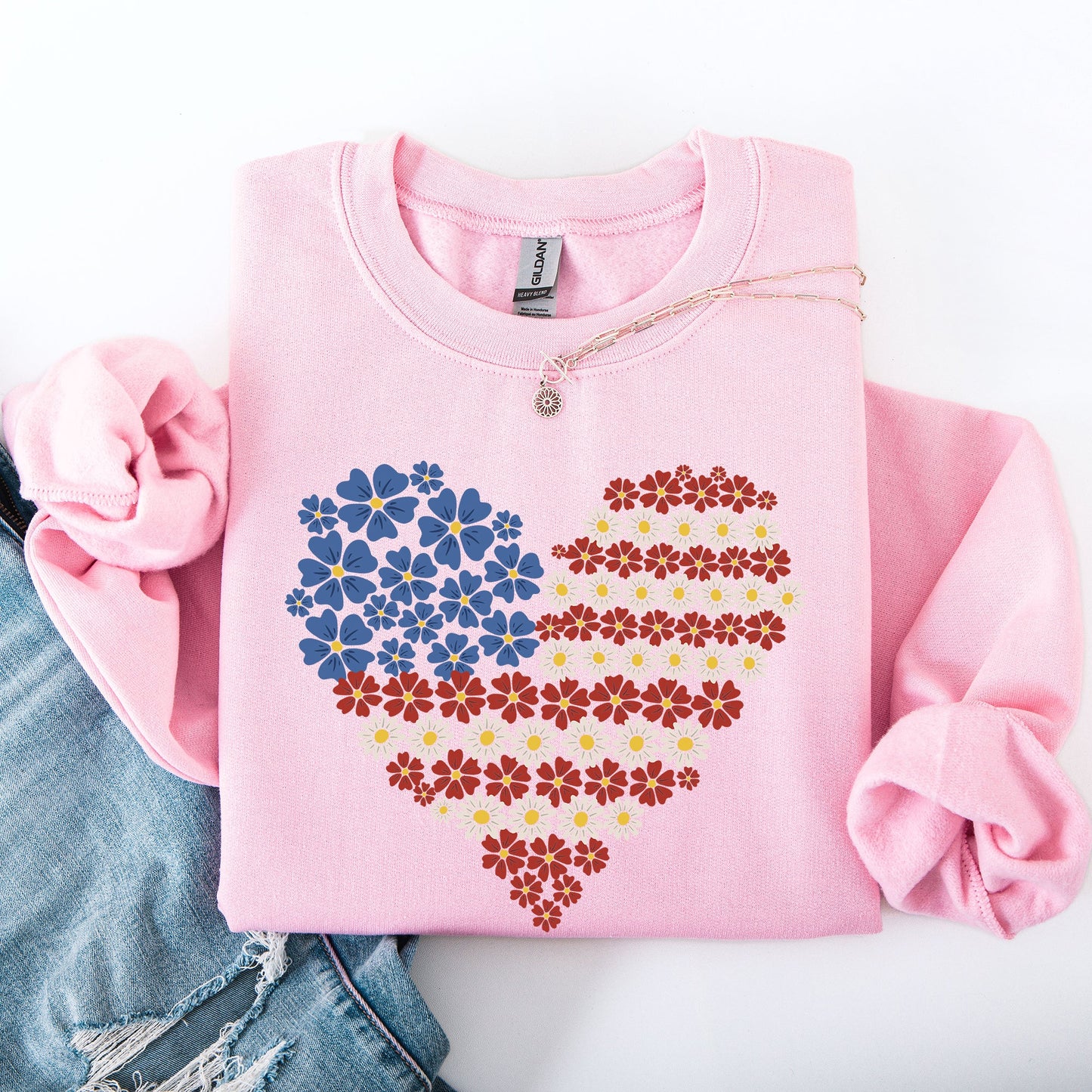 Floral Heart, Patriotic, Red White Blue, USA, America, 4th of July Sweatshirt