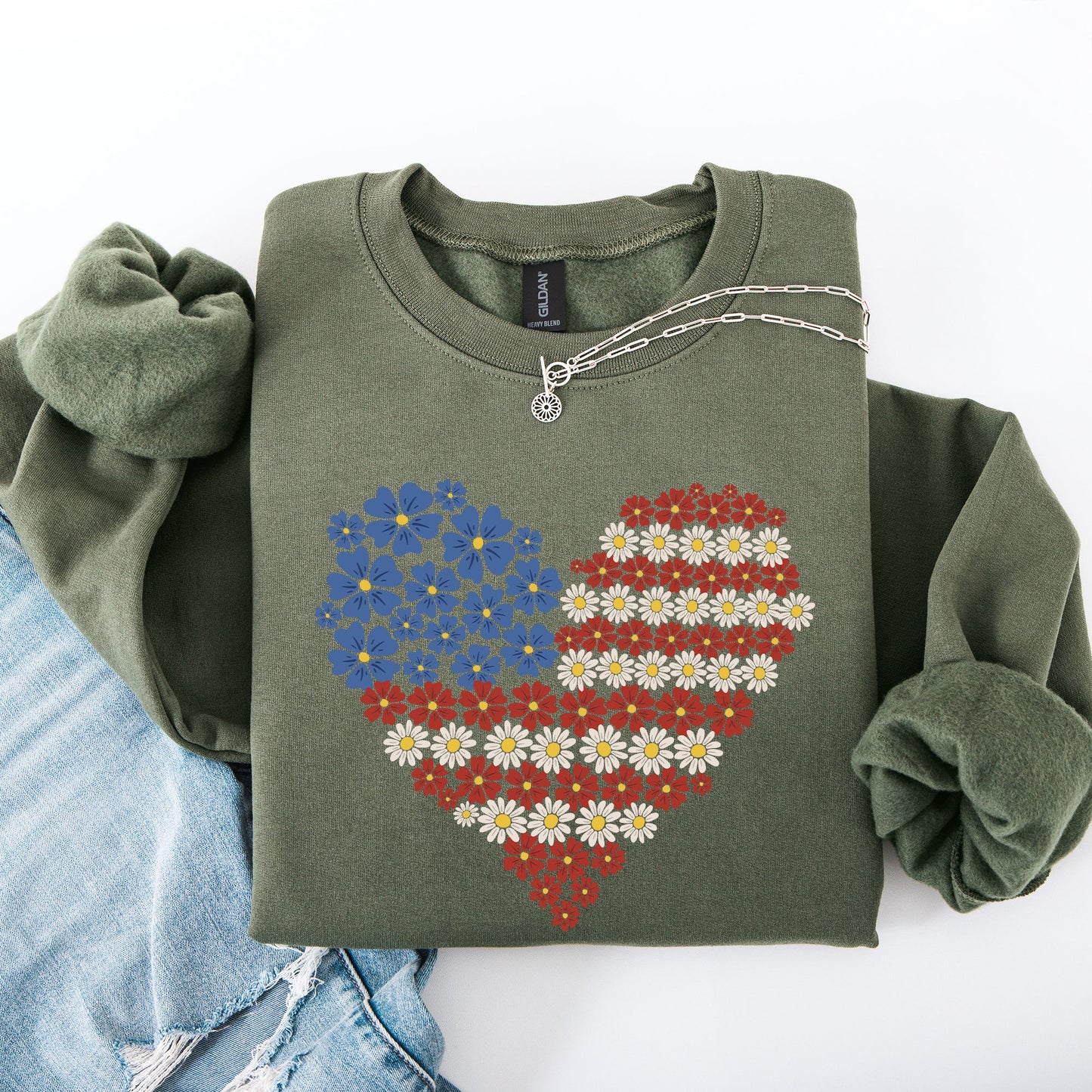 Floral Heart, Patriotic, Red White Blue, USA, America, 4th of July Sweatshirt