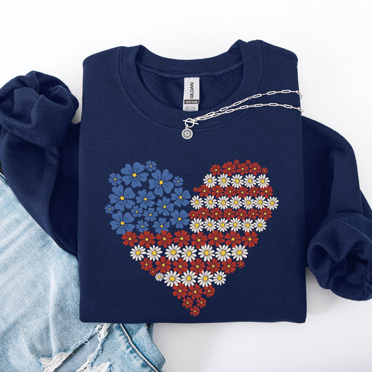 Floral Heart, Patriotic, Red White Blue, USA, America, 4th of July Sweatshirt