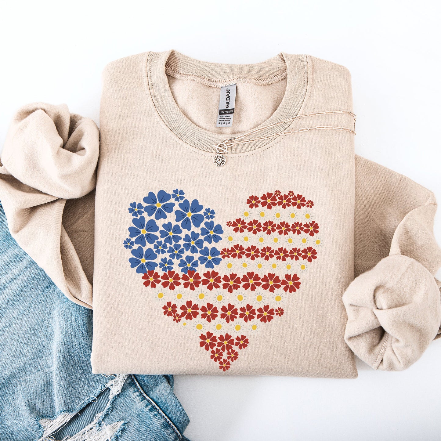 Floral Heart, Patriotic, Red White Blue, USA, America, 4th of July Sweatshirt
