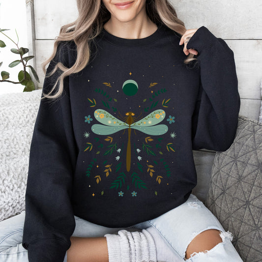Floral Night Sky, Dragonfly, Moon, and Blooms Sweatshirt