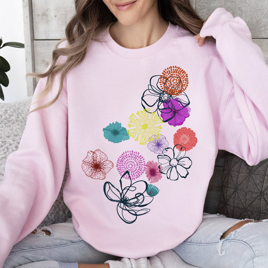 Floral Outlines, Leaves, Flowers, Colorful Sweatshirt