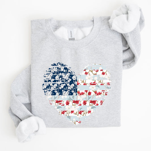 Floral Patriotic Hear, Flag, USA, Stars Stripes Sweatshirt