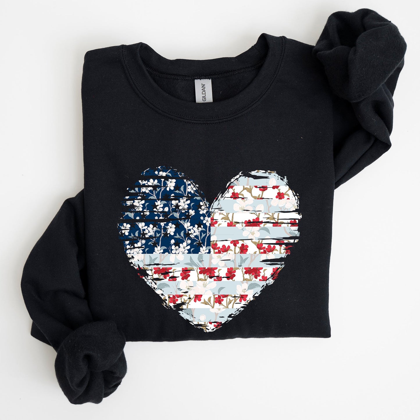 Floral Patriotic Hear, Flag, USA, Stars Stripes Sweatshirt