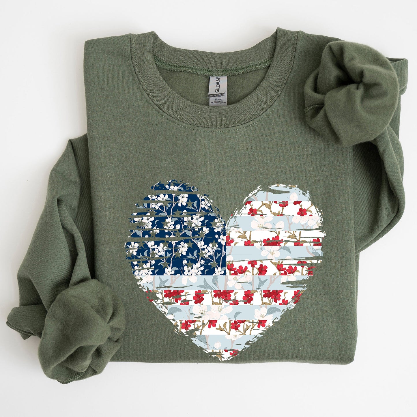 Floral Patriotic Hear, Flag, USA, Stars Stripes Sweatshirt