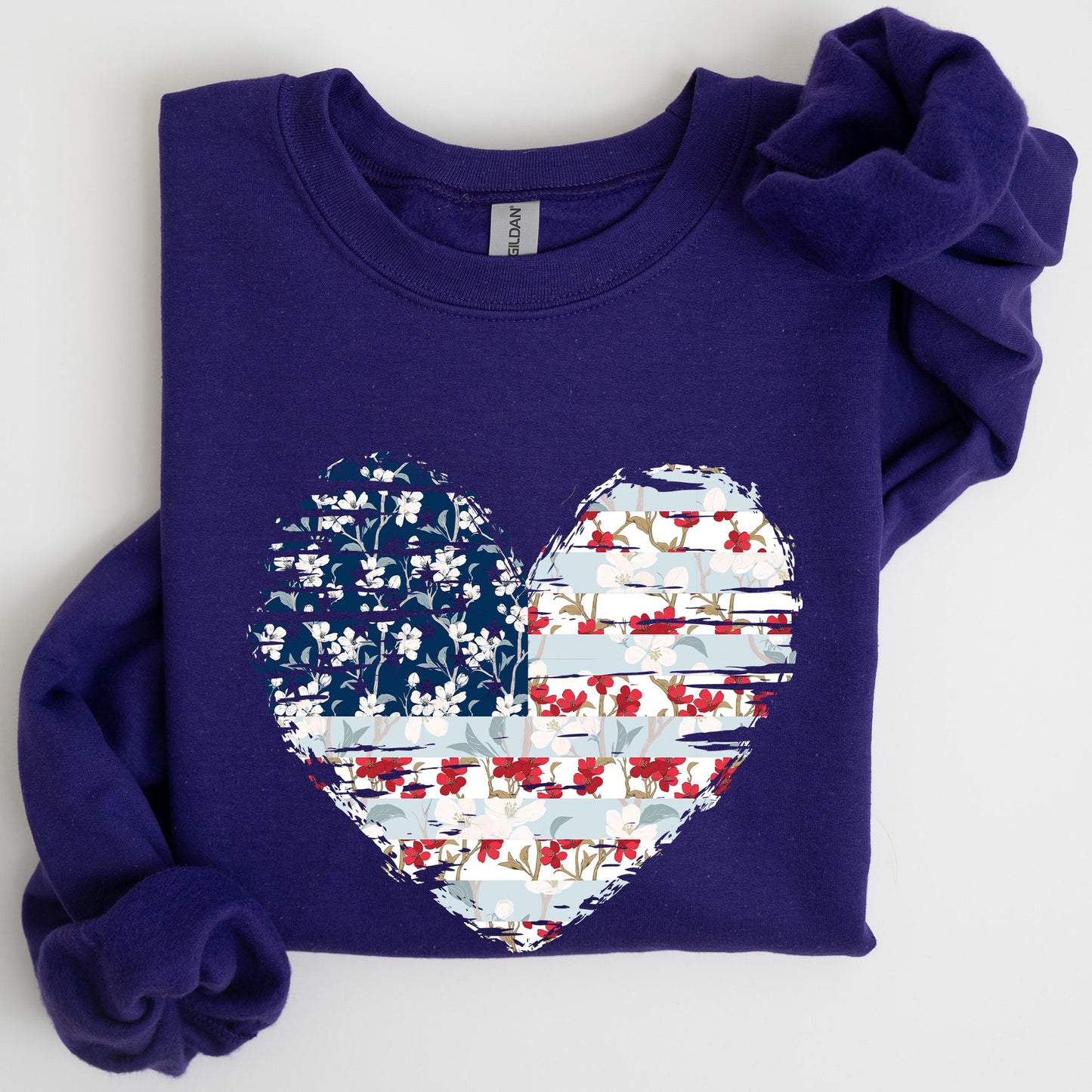 Floral Patriotic Hear, Flag, USA, Stars Stripes Sweatshirt