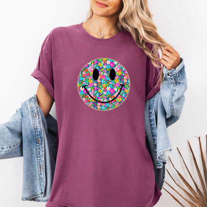 Floral Smiley Face, Retro, Summer, Flowers, Comfort Colors T-Shirt