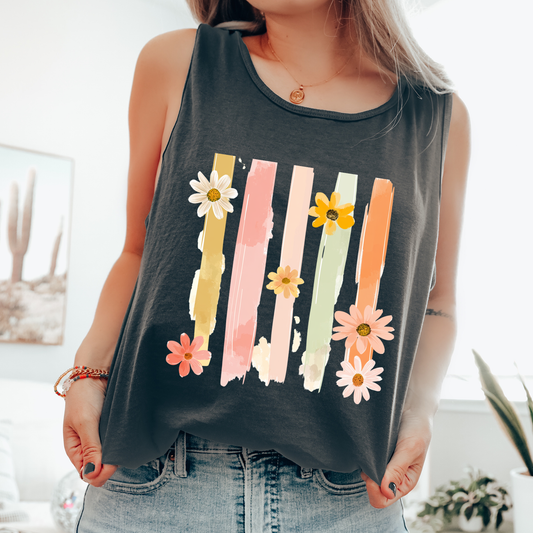 Floral Stripes, Minimalist, Flowers, Gorgeous Comfort Colors Tank Top