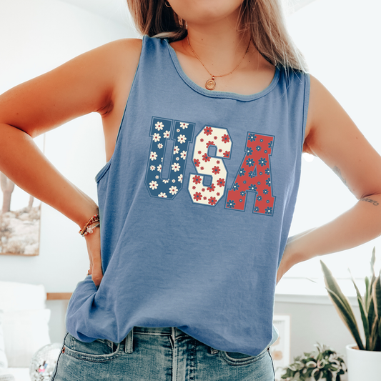 Floral USA, Fourth of July, America, Patriotic, USA Comfort Colors Tank Top