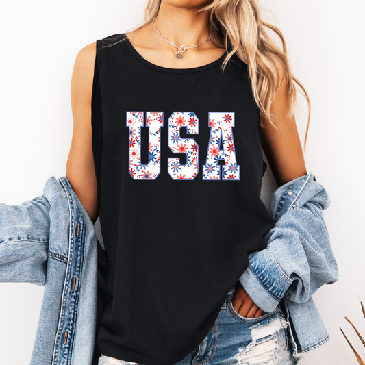 Flower USA, Fourth of July, America, Patriotic, USA Comfort Colors Tank Top