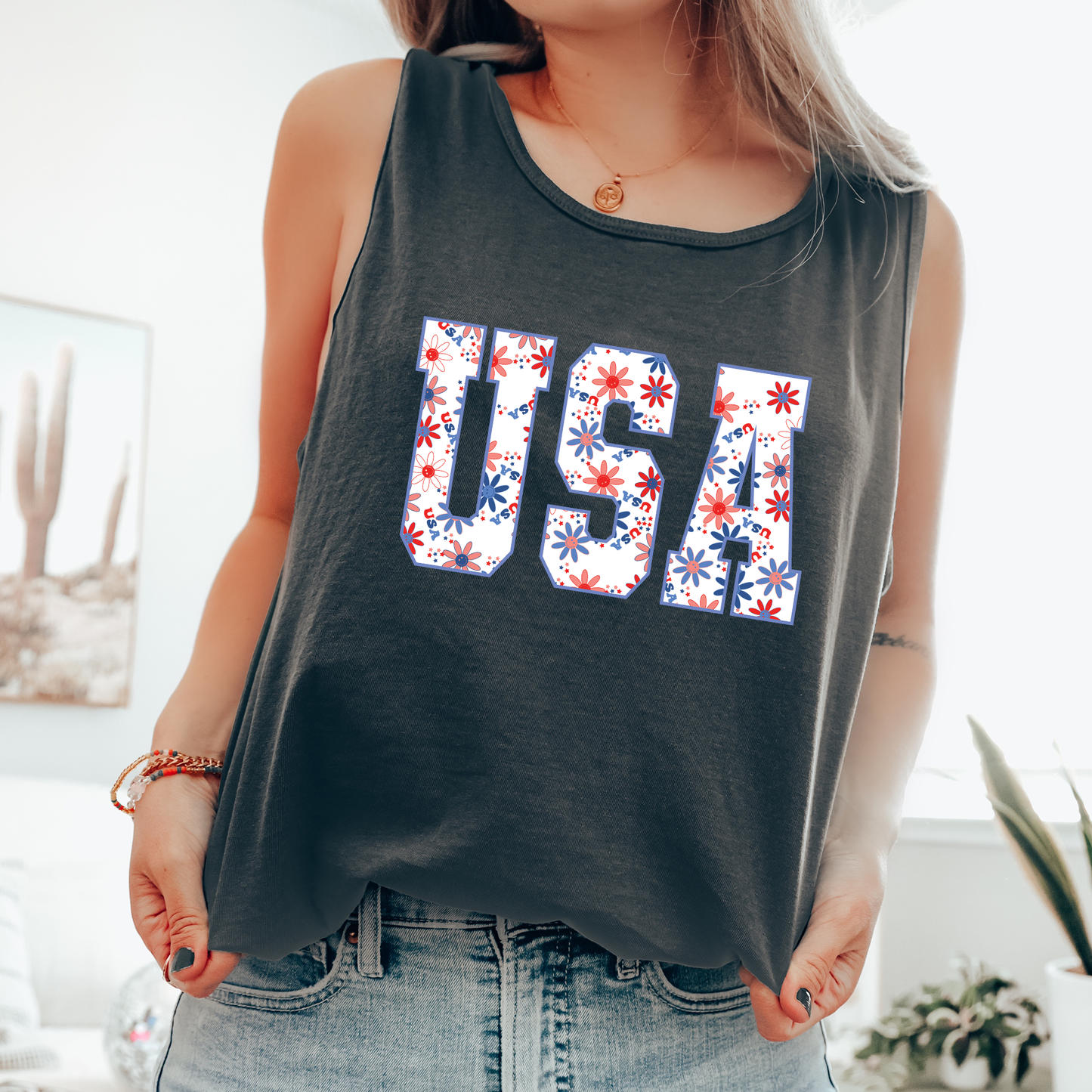 Flower USA, Fourth of July, America, Patriotic, USA Comfort Colors Tank Top