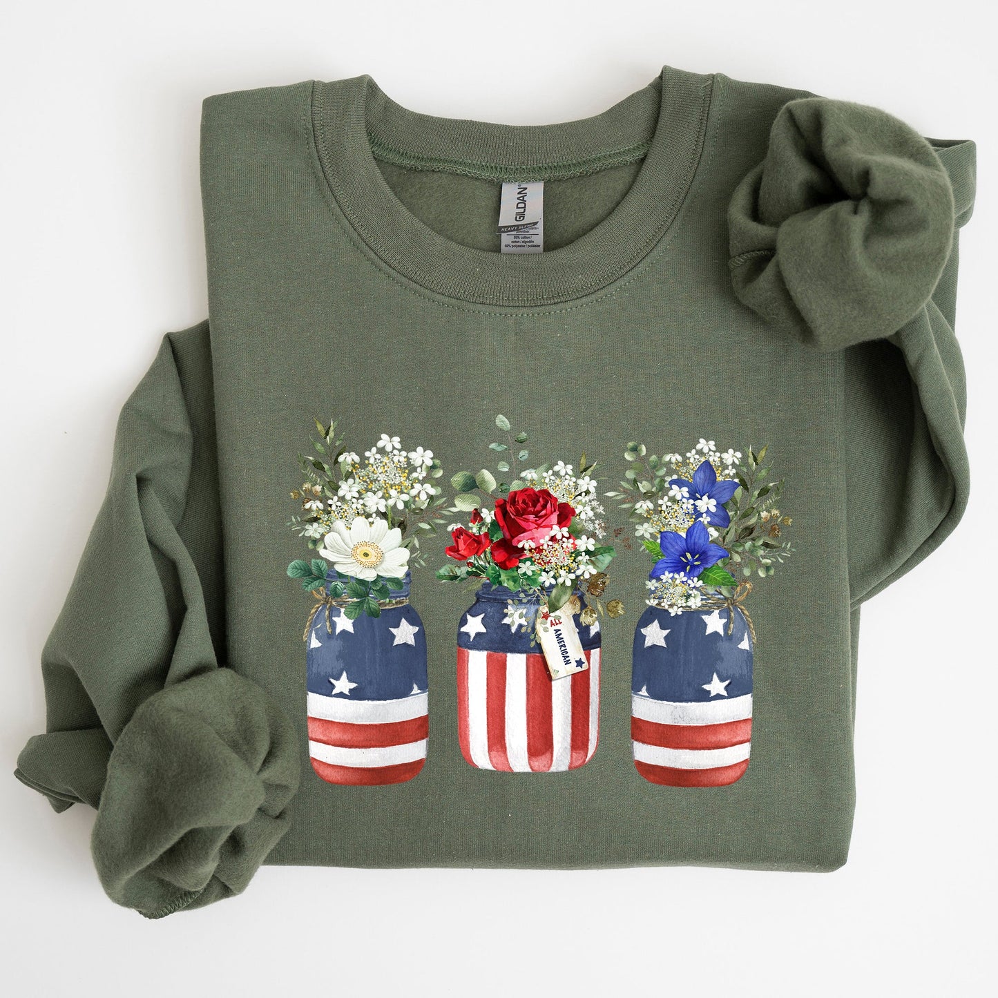 Flowers In Mason Jars, All American, Patriotic Sweatshirt
