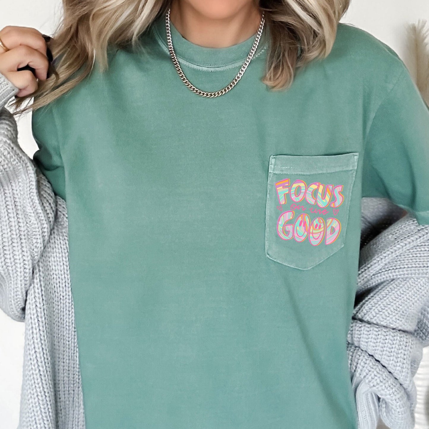 Focus On The Good, Retro, Pocket, Positivity, Mental Health Pocket Tee Comfort Colors T-Shirt