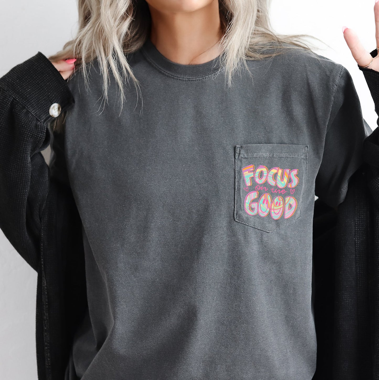 Focus On The Good, Retro, Pocket, Positivity, Mental Health Pocket Tee Comfort Colors T-Shirt