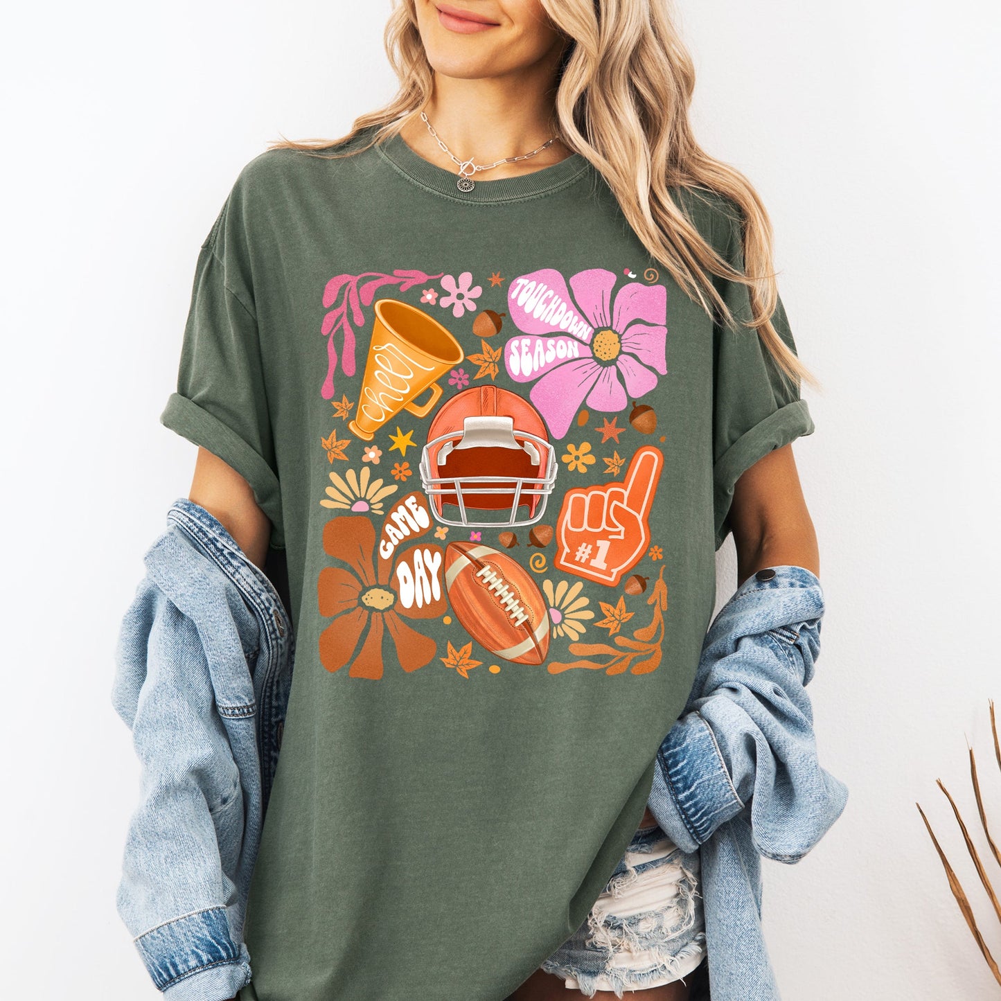 Football, Floral, Girly, Sports, Game Day, Big Game, Touchdown, Tailgate Party Tshirt Comfort Colors T-Shirt